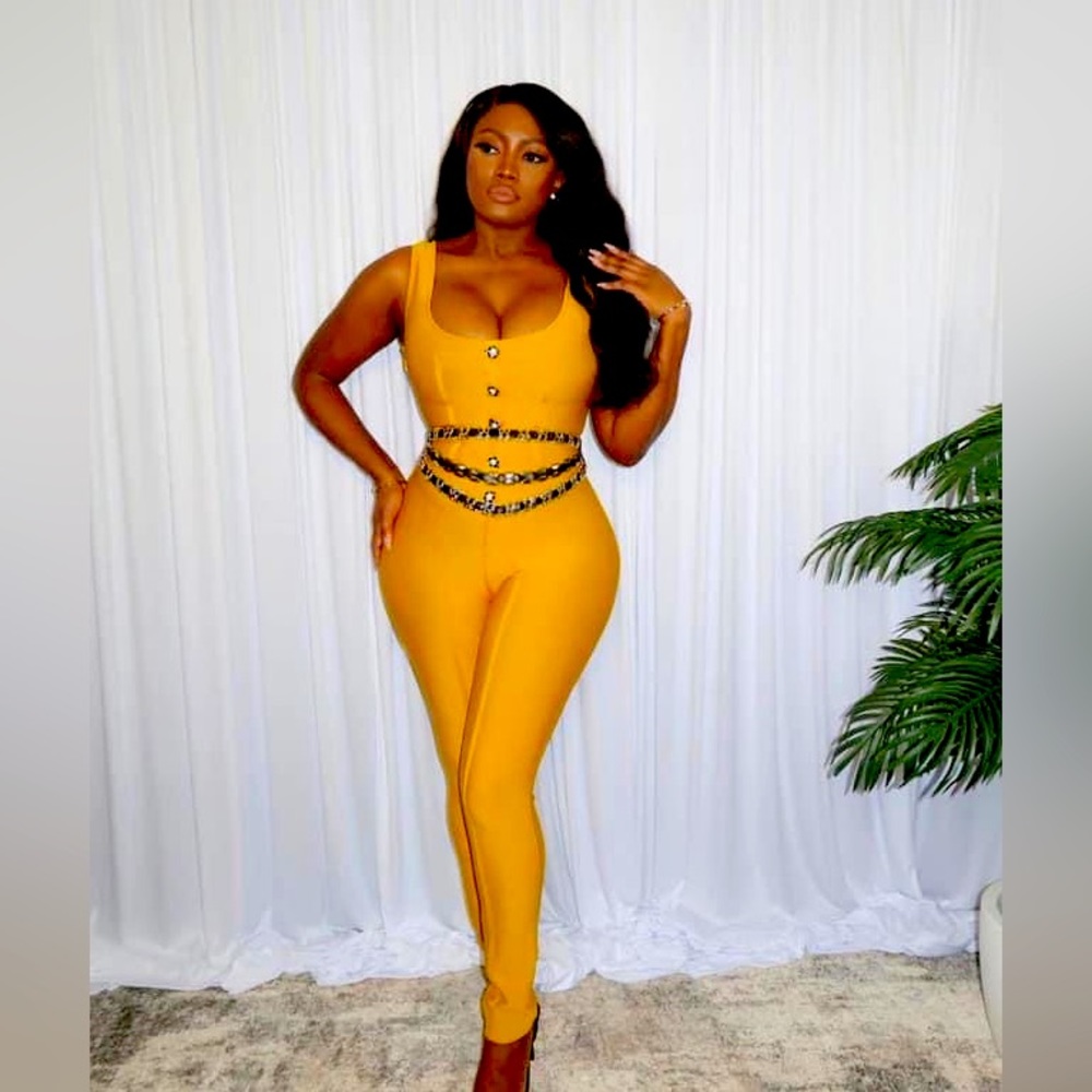 Women’s bandage jumpsuit size small mustard color brand new